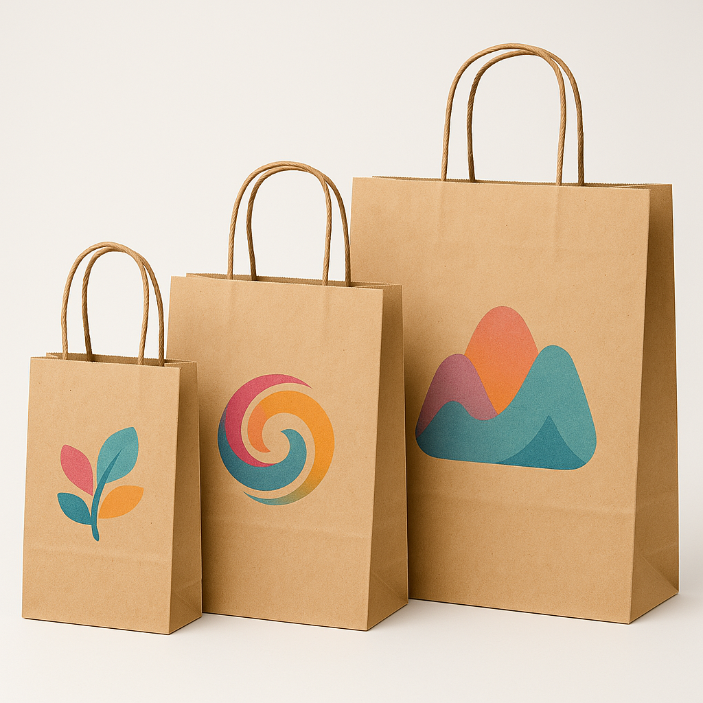 Gruppe von drei Papiertaschen mit gedrehten Kordeln mit verschiedenen Logos