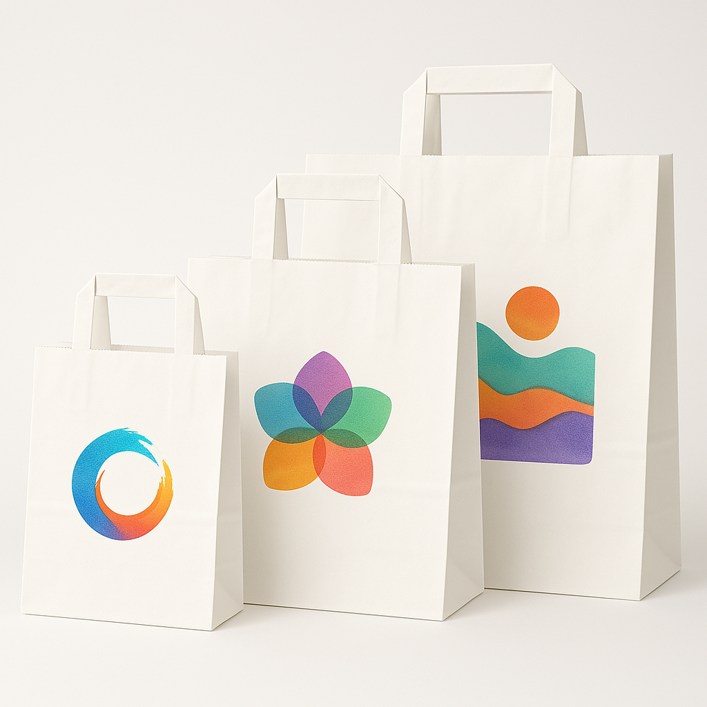 Gruppe von drei weißen Papierflachhenkeln mit Logo