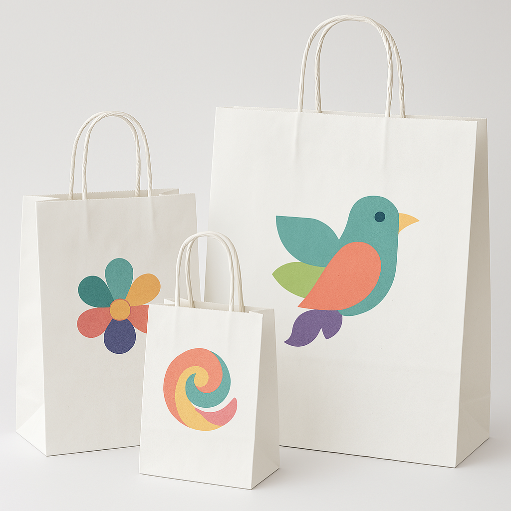 Gruppe von drei Papiertaschen mit gedrehten Papierkordeln mit verschiedenen Logos