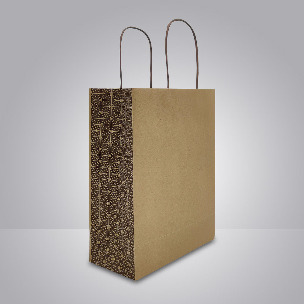 Papiertuete mit gedrehten Papierkordeln in braun und partiell bedruckten Seiten in braun