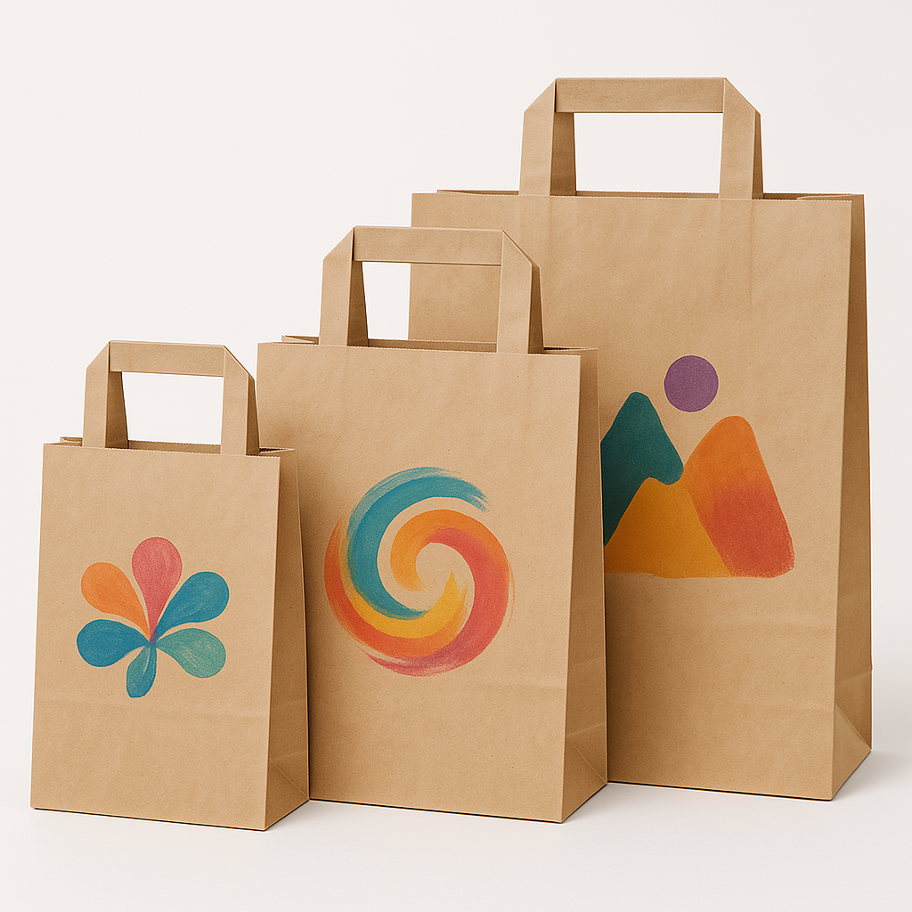 Gruppe von drei braunen Papierflachhenkeln mit Logos