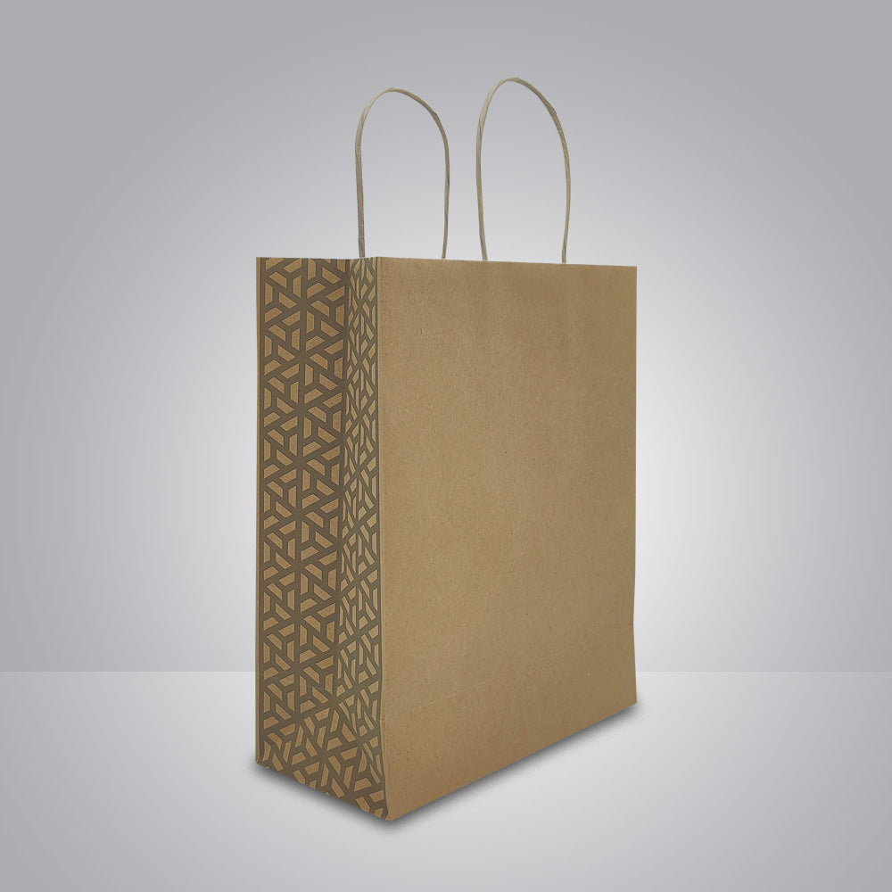 Papiertuete mit gedrehten Kordeln in taupe und partiell bedruckten Seiten in taupe