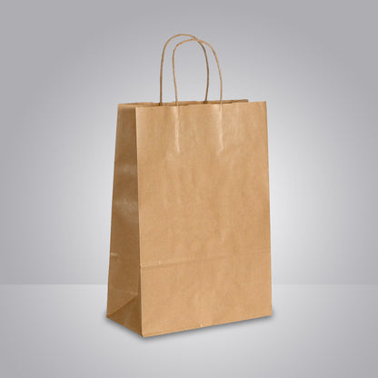 papiertasche in braun mit gedrehten Papierkordeln mit Bedruckung moeglich