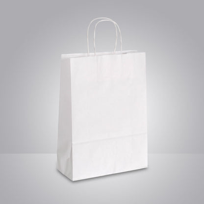 papiertasche in weiss mit gedrehten papierkordeln mit bedruckung moeglich
